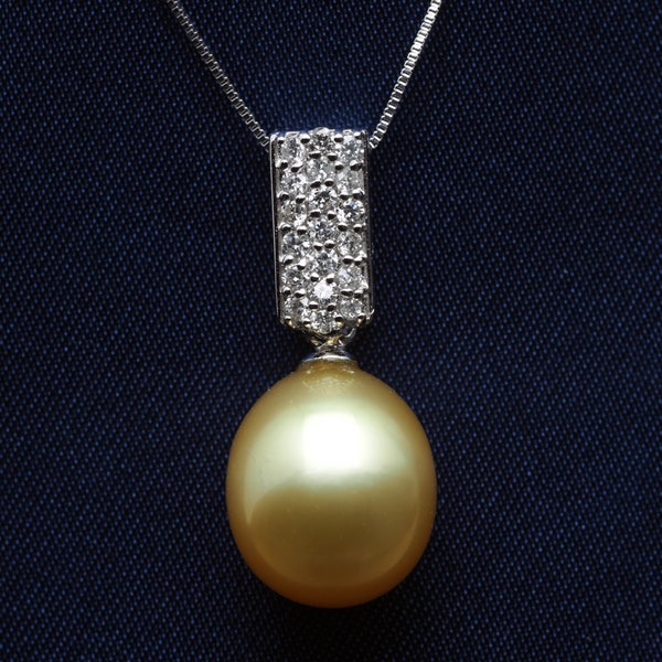 18K Solid White Gold South Sea Pearl Natural Golden Pendant with Diamond, 10x12mm Drop-Shaped, One of a Kind