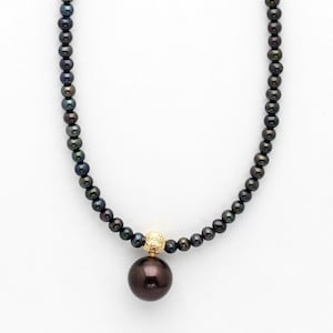 18K Solid Gold Akoya Pearl & Fresh Water Pearl Beaded Necklace 16.9"/43cm, Gothic Necklace, Black Necklace