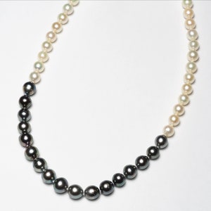 Akoya Pearl and Tahitian Pearl Bi-Color Beaded Necklace 18"/48cm, Black and White Chic Color, 8-11mm Baroque Round, One of a Kind