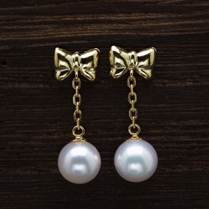 18K Solid Gold Akoya Pearl Ribbon and Chain Dangle Earrings, Kawaii Drop Earrings, Yellow Gold Earrings