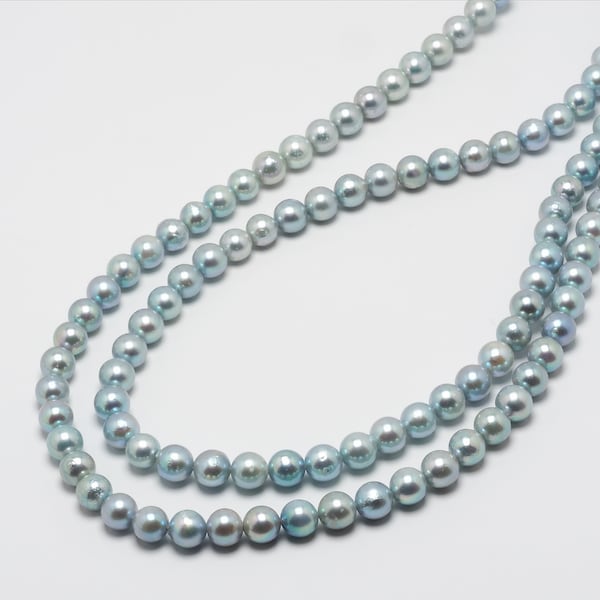 Akoya Pearl Dyed Aqua Blue Beaded Double Strand Necklace 18.5"/47cm, Round 6-6.5mm, Statement Layered Necklace, Unisex