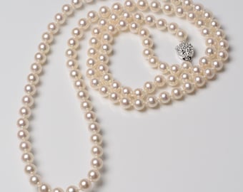 7-7.5mm Akoya Pearl Beaded Long Necklace 37"/94cm, Faint Ivory-toned White, Japanese Pearl Jewelry