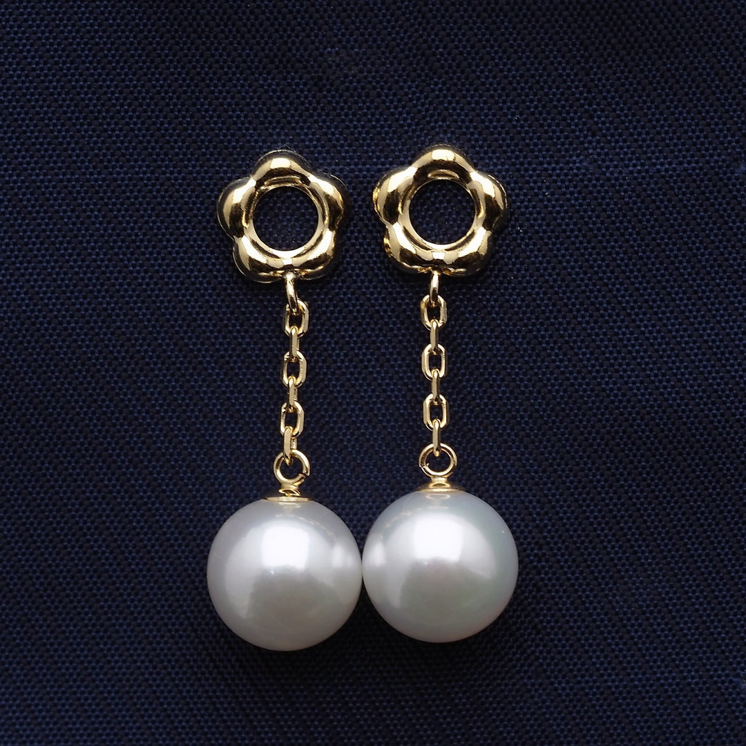 Genuine 18K Solid Gold Openflower Dangle Earring Akoya or Fresh Water
