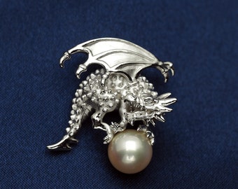 Sterling Silver925 Akoya Pearl Dragon Pin Brooch, Round 8.2mm Champagne Color, Tack Pin, Tie Pin, Lapel Pin, Zodiac Jewelry, Unisex