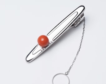 14K White Gold Undyed Natural Japanese Coral Tie-Clip, Tie-Clasp, Tie-Bar, Genuine Coral Jewelry, Unisex