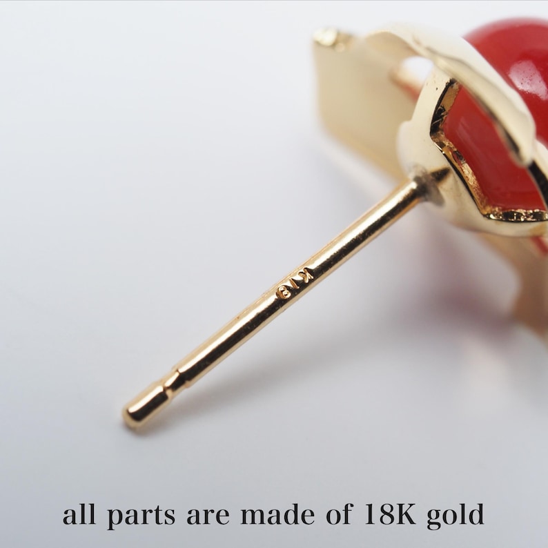 18K Solid Gold Undyed Natural Japanese Red Coral Stud Earrings, Ox ...