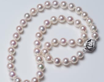 8-8.5mm Akoya Pearl Necklace 18"/46cm, White with Pink Overtone, Japanese Pearl Jewelry
