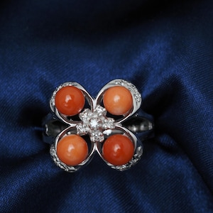 18K Solid White Gold Undyed Natural Japanese Coral Ring with Natural Diamond, Size7/Resize Available, Genuine Coral Jewelry
