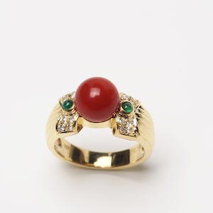 18K Solid Gold Undyed Natural Japanese Red Coral Ring with Natural Diamond & Emerald, Come with Certificate, Genuine Coral Jewelry