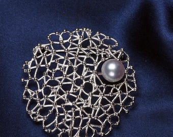 Akoya Pearl Natural Blue Pendant Brooch, Silver925 Mesh Circle, Modern Brooch, Japanese Pearl Jewelry