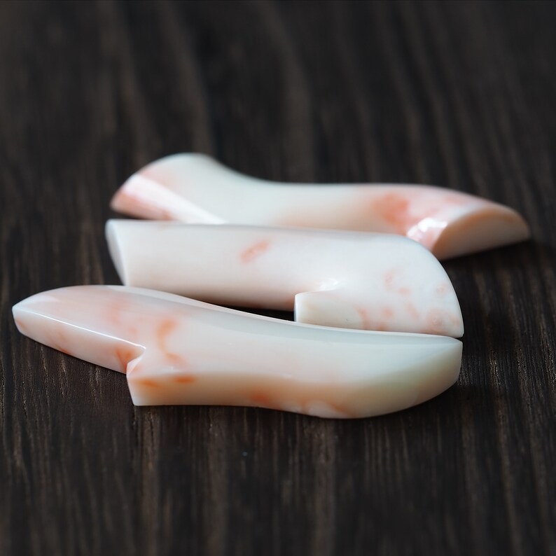 May include: Three pieces of coral in shades of white and pink, arranged in a curved shape on a dark wood surface.