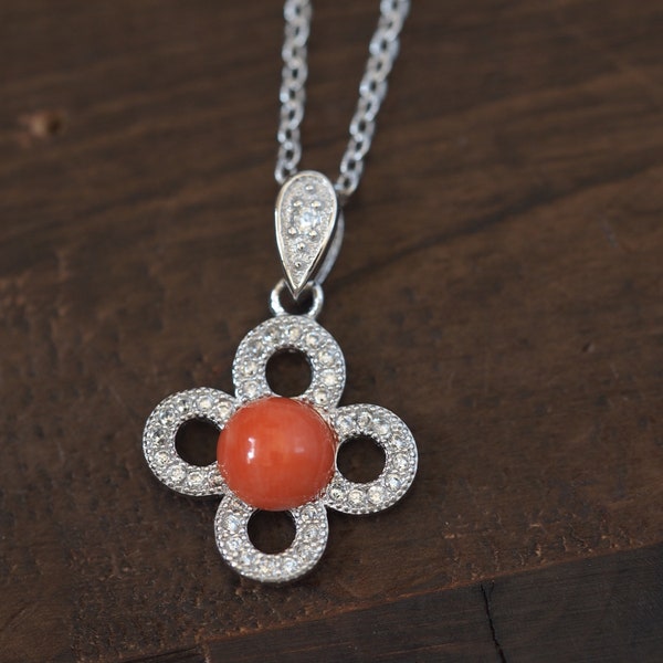 Sterling Silver Undyed Natural Coral Flower Pendant Necklace with Cubic Zirconia, Genuine Coral Jewelry, for Women