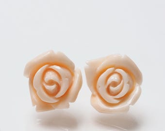 Orecchini a bottone in corallo giapponese naturale non tinto, vero corallo pelle d'angelo, orecchini a forma di fiore intagliato, gioielli in corallo autentico