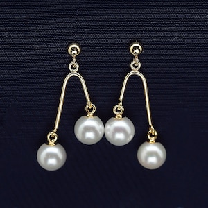 18K Solid Gold Akoya Pearl Dual Dangle Earrings, Tiny Drop Earrings, Yellow Gold Earrings
