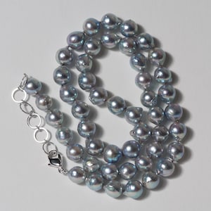 Akoya Pearl Natural Especially Dark Blue Semi-Baroque Necklace with Certificate, 17-19&quot;/45-49cm Adjustable, Japanese Pearl Beaded Necklace