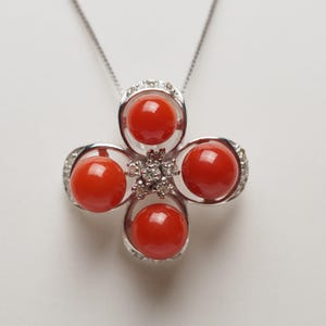 18K Solid White Gold Undyed Natural Japanese Red Coral Pendant with Diamond, Four-Leaf Pendant, Genuine Coral Jewelry