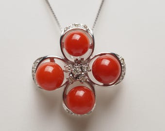 18K Solid White Gold Undyed Natural Japanese Red Coral Pendant, Genuine Coral Jewelry