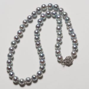 Excellent Luster Akoya Pearl Natural Dark Blue Beaded Necklace 17&quot;/44cm with Certificate, 8-8.5mm, Japanese Pearl Jewelry