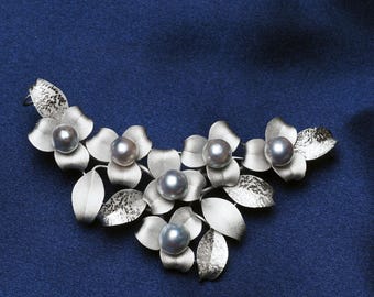 Akoya Pearl Natural Blue Statement Botanical Brooch, Silver 925 Flowers Brooch, Japanese Pearl Jewelry