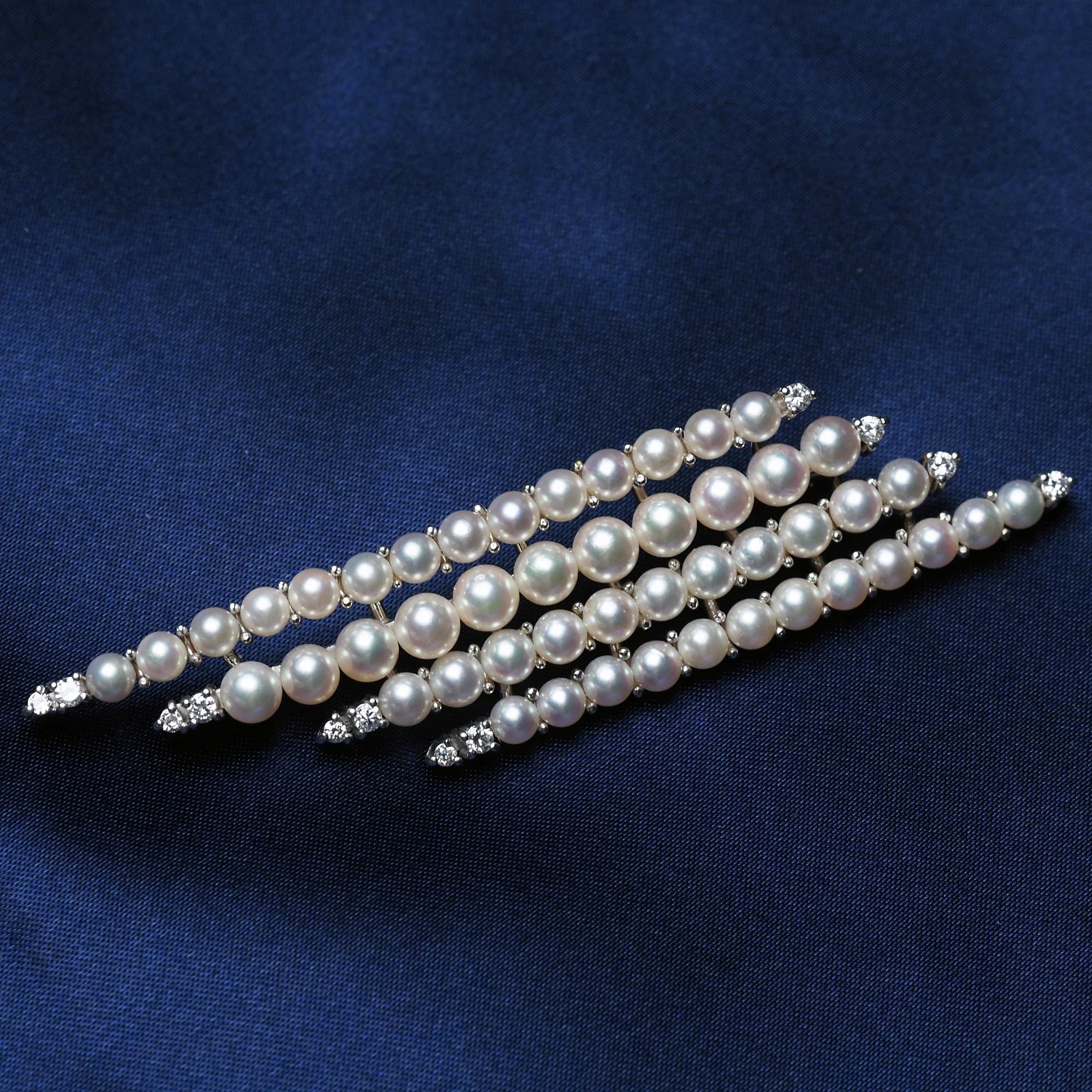 Rare Platinum900 Akoya Pearl Brooch with Natural Diamond, Multi Pearl Brooch, Japanese Pearl Jewelry