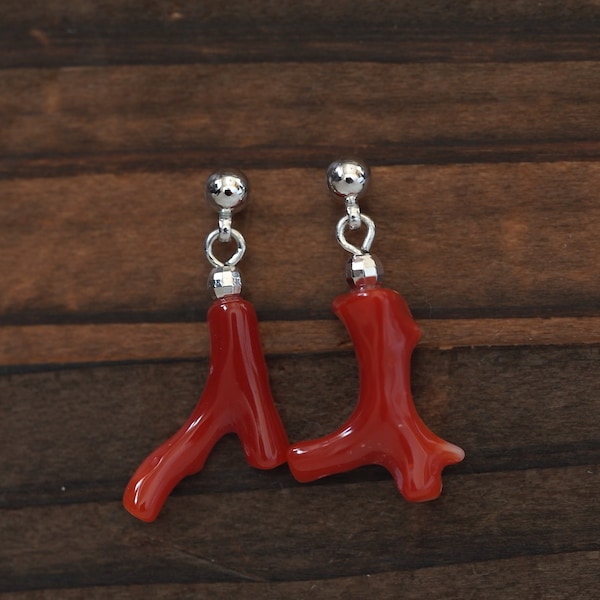 Undyed Natural Japan Red Coral Branches Dangle Earrings, Rare Ox Blood Color, Genuine Coral Jewelry, for Women