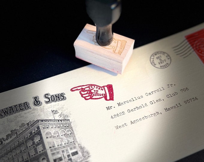 Featured listing image: RETURN-TO-SENDER Vintage Mail Stamp – Rubber Stamp, Graphic, Vintage, Antique, Letter, Envelope, Snail Mail, Elegant, Hand Pointer, Pointing
