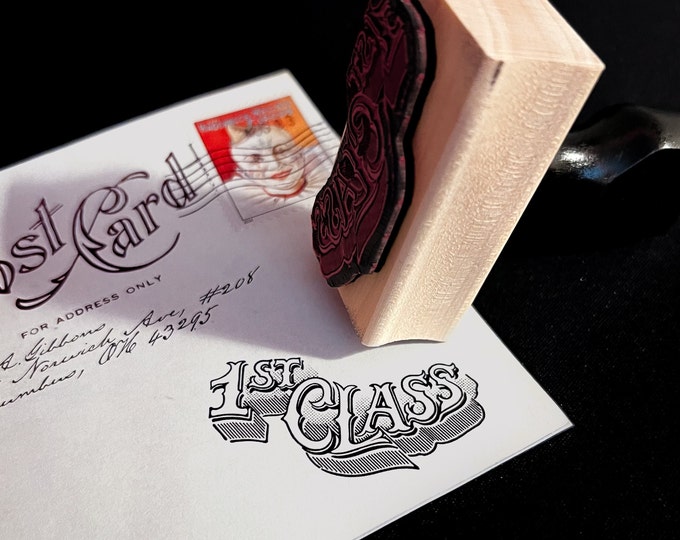 1ST CLASS Vintage Mail Stamp – Reproduction, Rubber Stamp, Graphic, Vintage, Antique, Letter, Envelope, Snail Mail, Elegant, Ornate, Wood