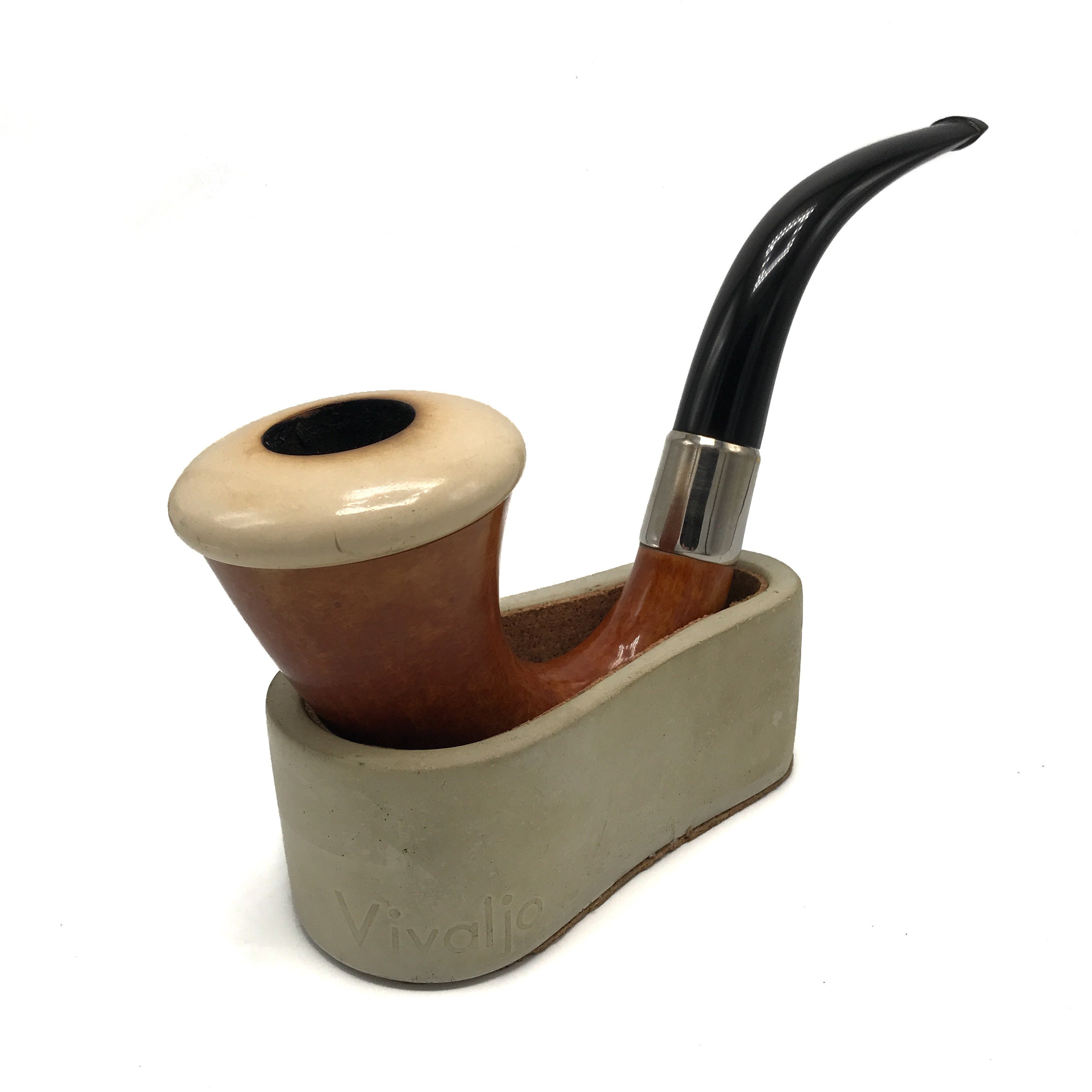 Estate Gourd Calabash Pipe with Ceramic Bowl and Concrete Stand Holder