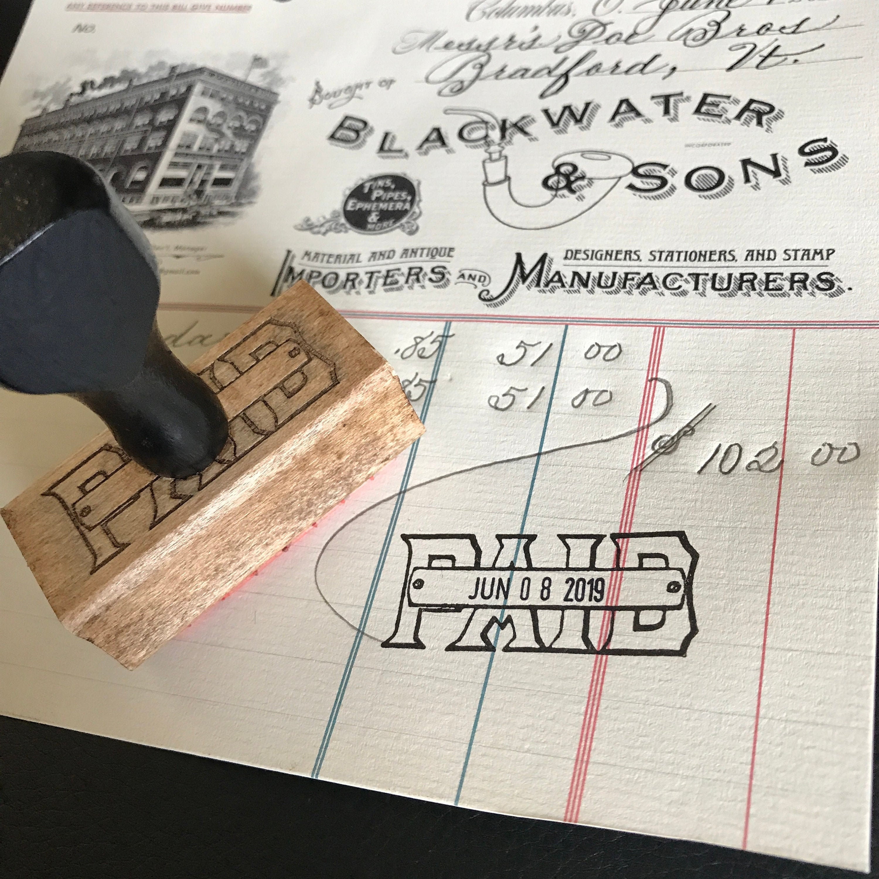 Vintage Stamp Pad Ink Bottle Wooden Paid Invoice Stamper Wood