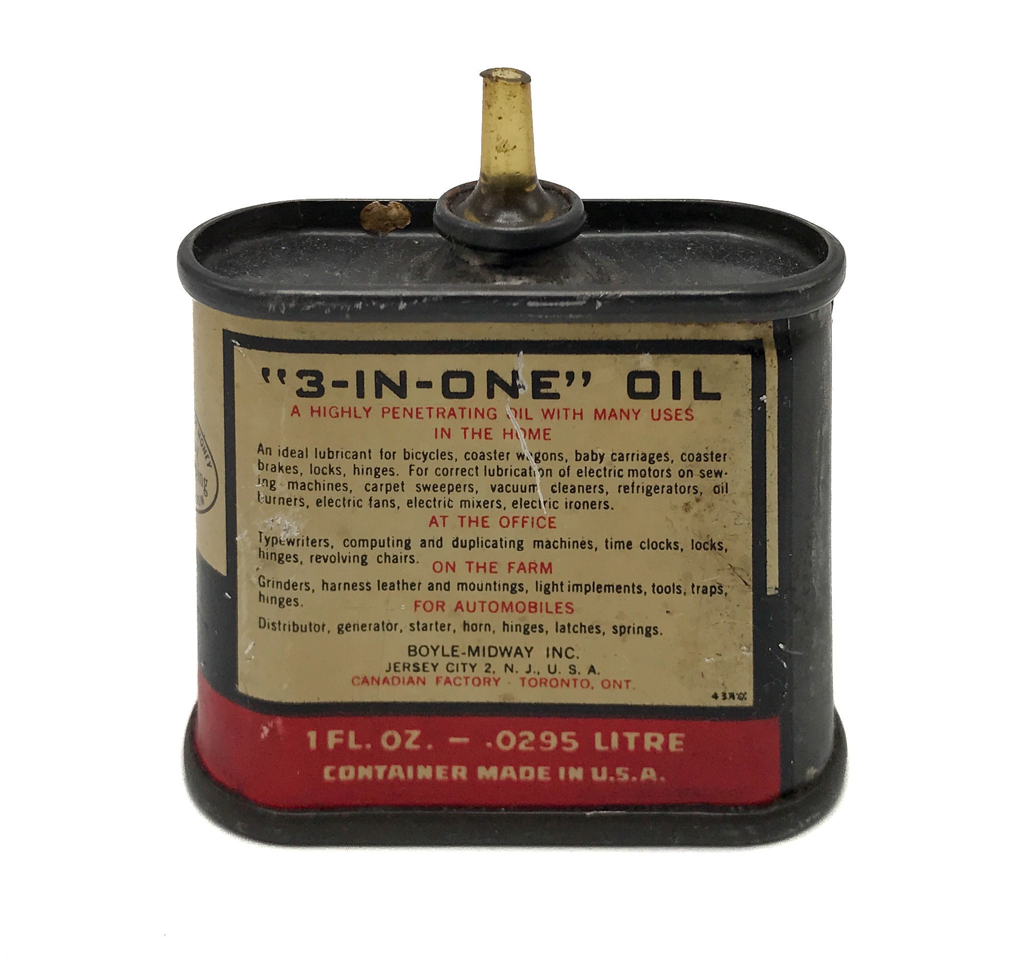Vintage 3 In-One Household Lubricant Oiler 3oz Spout Tin Oil Can