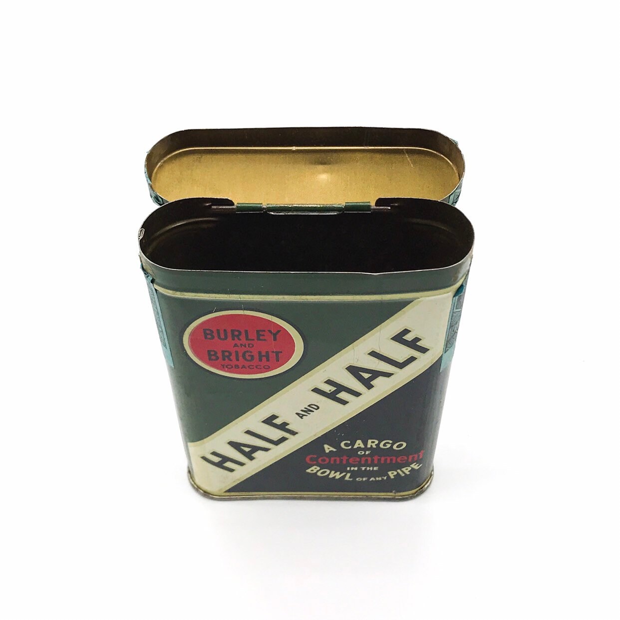 1950s Half and Half Pipe Tobacco Tin — Burley and Bright — Advertising