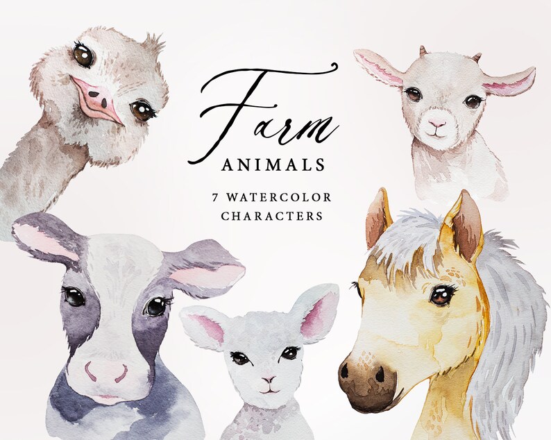 Download Watercolor Farm Animals Animals Portrait Collection | Etsy