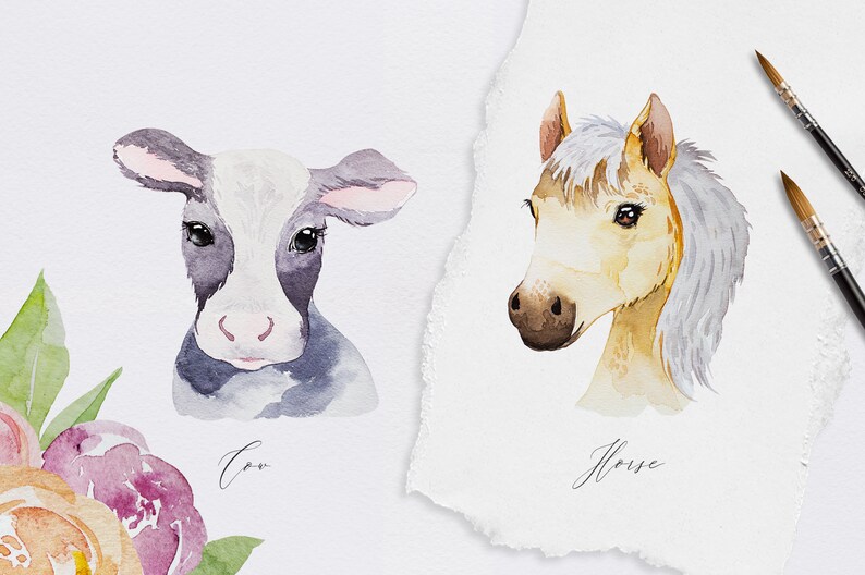 Download Clip Art Farm Horse Lamb Lama Ostrich Cow Piglet Baby Shower Nursery Watercolor Clipart Animals Portrait Collection Watercolor Farm Animals Art Collectibles