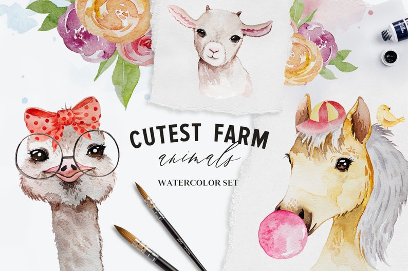 Download Clip Art Farm Horse Lamb Lama Ostrich Cow Piglet Baby Shower Nursery Watercolor Clipart Animals Portrait Collection Watercolor Farm Animals Art Collectibles