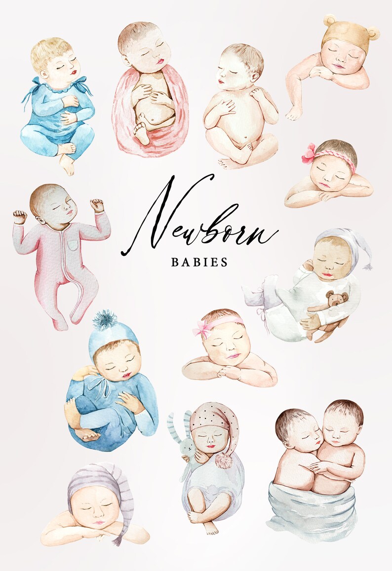 Newborn Babies Baby Shower Watercolor Illustration Nursery Etsy