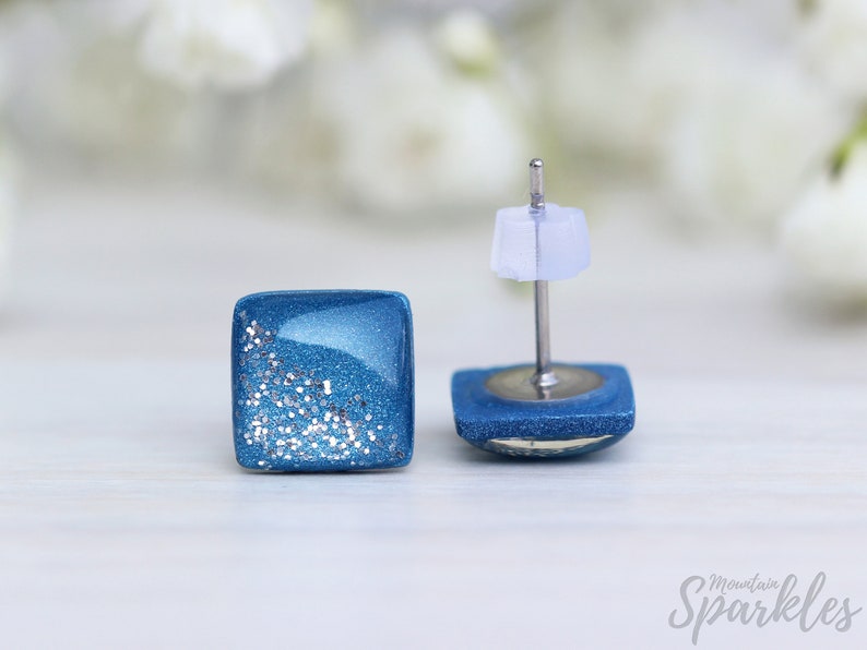 Denim blue earrings, Blue jeans earrings, Navy blue studs, Titanium earrings, Glitter earrings, Girls earrings, Gift women, Square earrings image 10