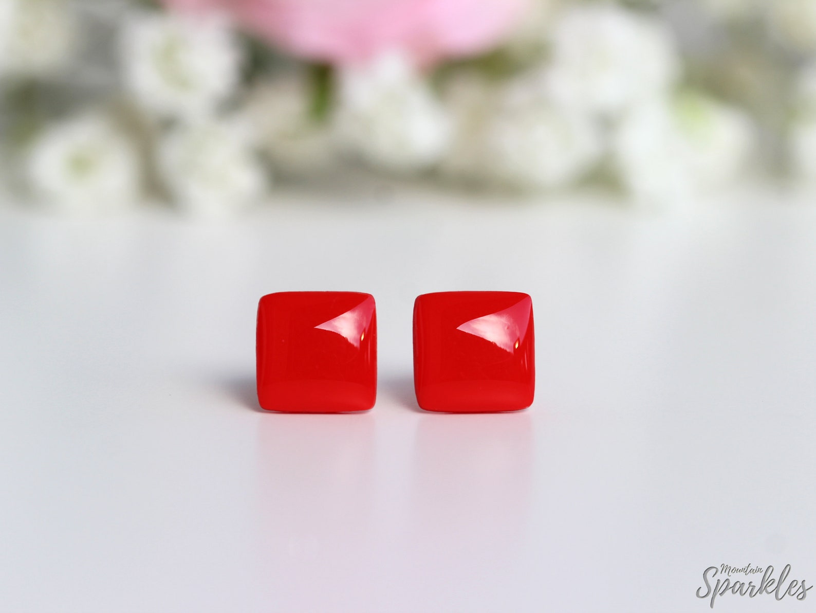 Square Stud Earrings, Red Earrings Square Stud, Red Square Studs
