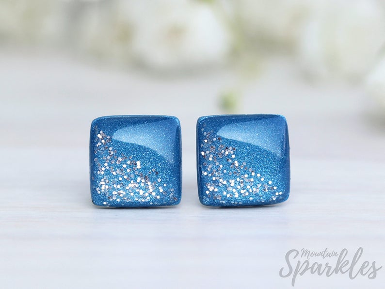 Denim blue earrings, Blue jeans earrings, Navy blue studs, Titanium earrings, Glitter earrings, Girls earrings, Gift women, Square earrings image 1