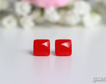 Square stud earrings, Red earrings square stud, Red square studs, Minimalist stud earrings, Earrings for sensitive ears, Simple earrings