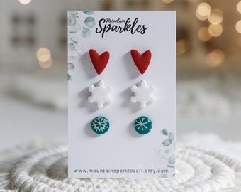 Christmas studs set, Christmas earrings Snowflake studs, Santa earrings, Christmas gift set, Heart studs, Titanium earrings, Christmas decor