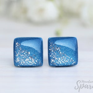 Denim blue earrings, Blue jeans earrings, Navy blue studs, Titanium earrings, Glitter earrings, Girls earrings, Gift women, Square earrings image 7