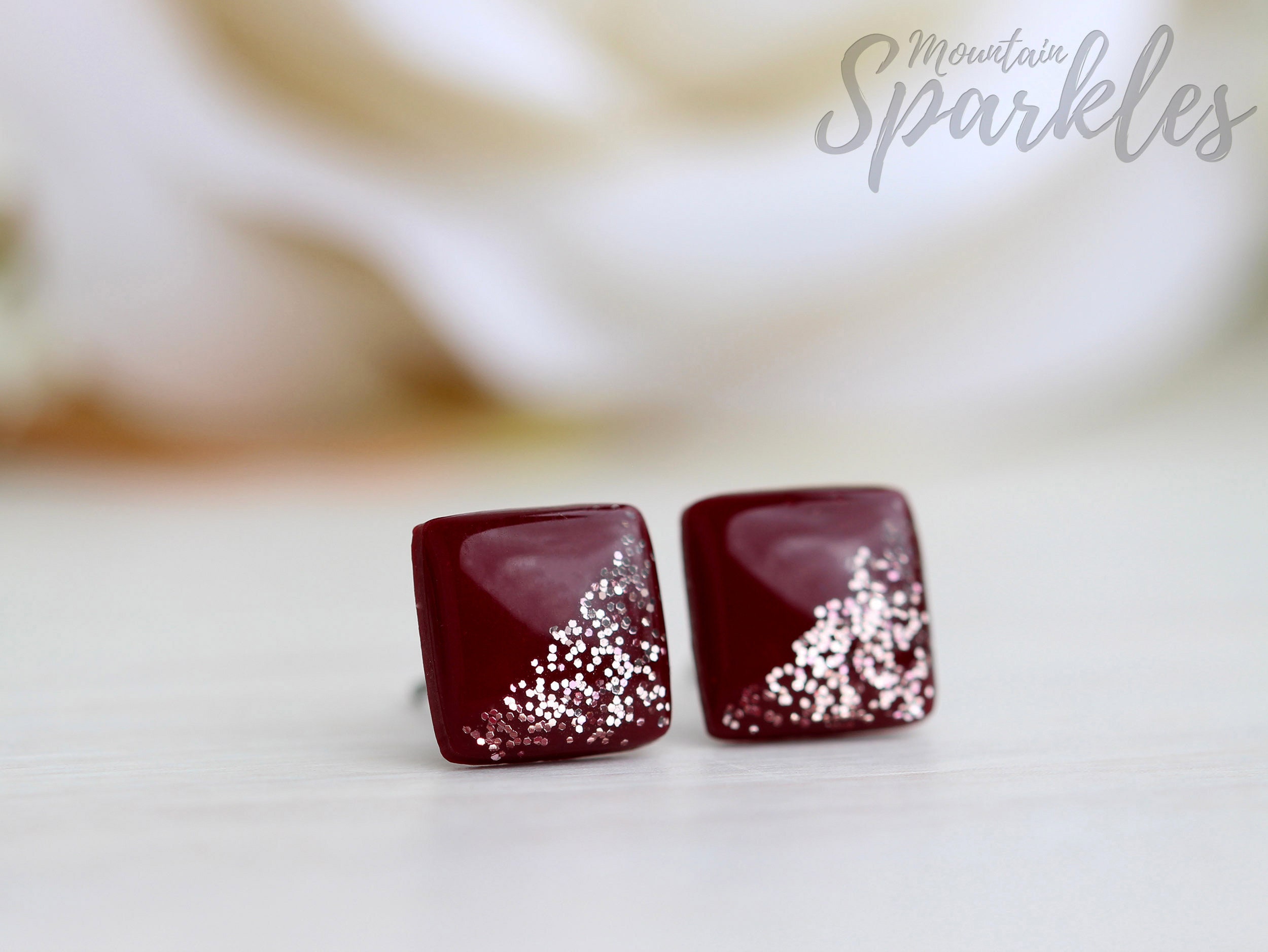 Burgundy stud earrings Burgundy rose gold studs Dark red | Etsy