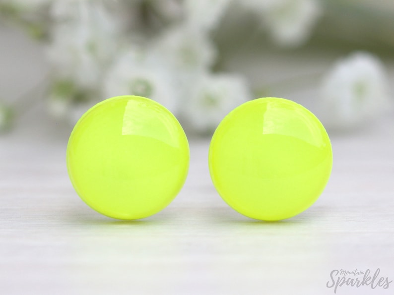 Neon yellow stud earrings, Neon stud earrings, Neon jewelry, Fluorescent studs, Gift women, Titanium earrings, Inspirational, girls earrings image 7