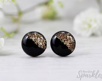 Black Gold Earrings, Shiny Black Earrings, Minimalist Black, Hypoallergenic, Titanium earrings, Gift women, Glitter earrings, Girls earrings