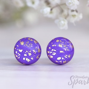 Purple Stud Earrings: Titanium Posts, Gold Flakes, Polymer Clay