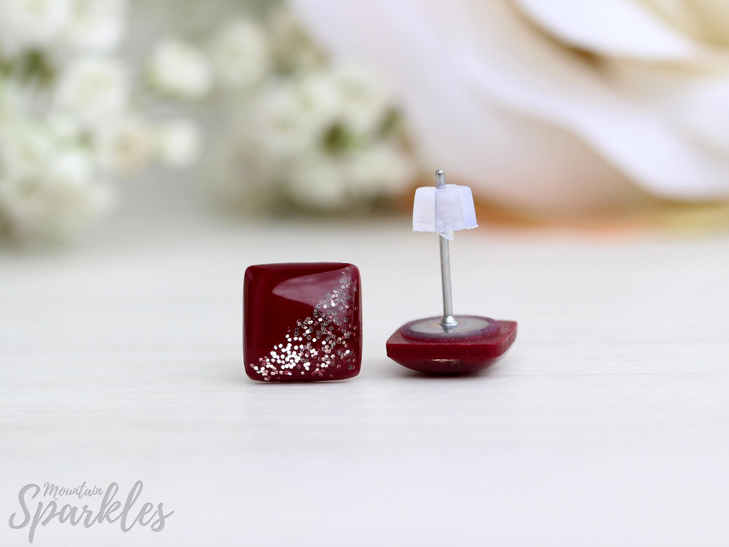 Burgundy stud earrings Burgundy rose gold studs Dark red | Etsy
