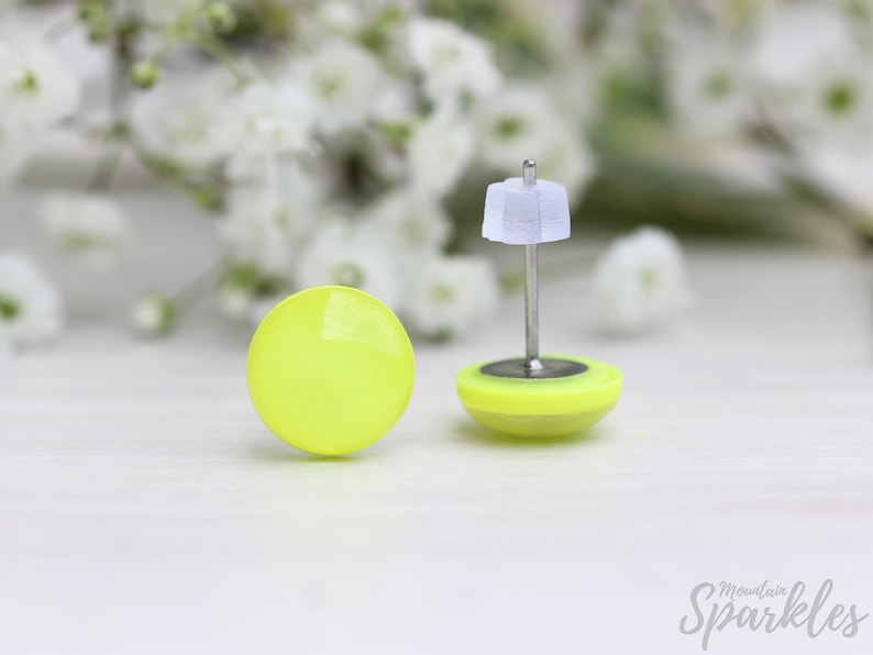 Neon yellow stud earrings, Neon stud earrings, Neon jewelry, Fluorescent studs, Gift women, Titanium earrings, Inspirational, girls earrings image 9