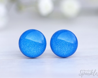 Blue earrings, Titanium earrings, Unisex blue studs, Blue jewelry, Geometric round studs, Royal blue studs, Simple studs blue, Inspirational