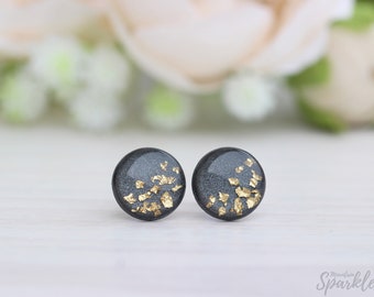 Gray Polymer Clay Stud Earrings: Gold Flake Titanium Posts