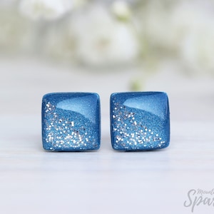 Denim blue earrings, Blue jeans earrings, Navy blue studs, Titanium earrings, Glitter earrings, Girls earrings, Gift women, Square earrings image 2